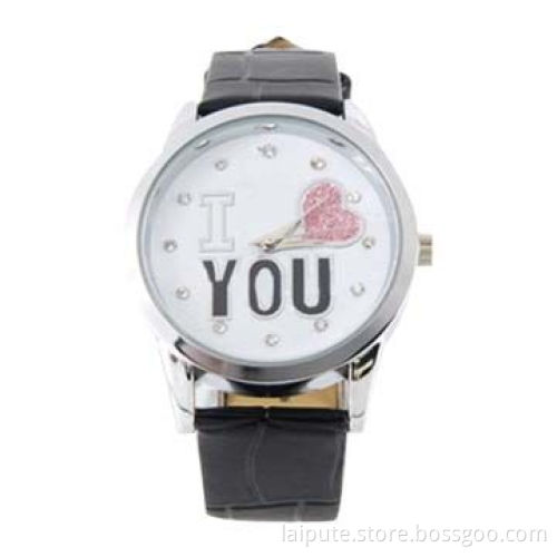 Fashionable PU Leather Electronic Quartz Watch with Rhinestone in the Dial (Black)
